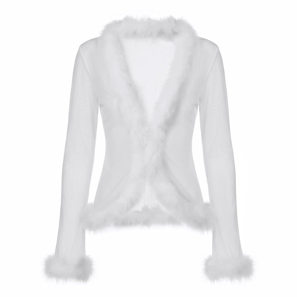Women Y2K Faux Fur Trim Mesh Cardigan Long Sleeve V Neck Open Front Cropped Sheer Jacket Club Party Outerwear Tops