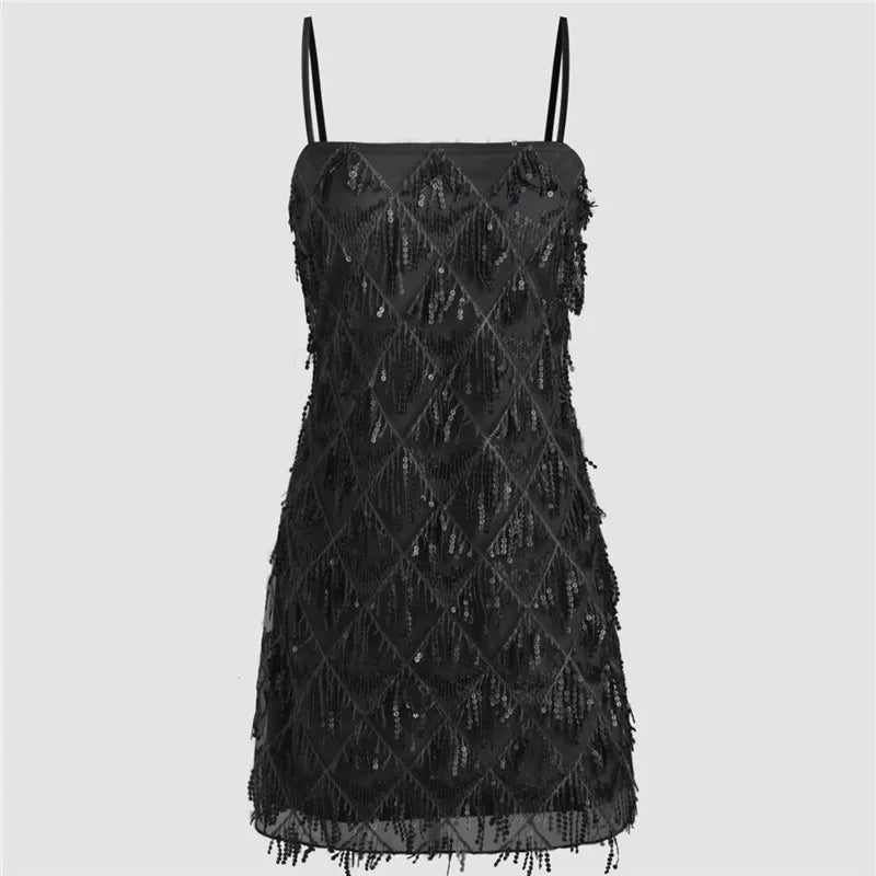 Women Y2K Sparkly Sequin Fringe Mini Dress Spaghetti Strap Bodycon Cocktail Dress for Nightclub Party Music Festival