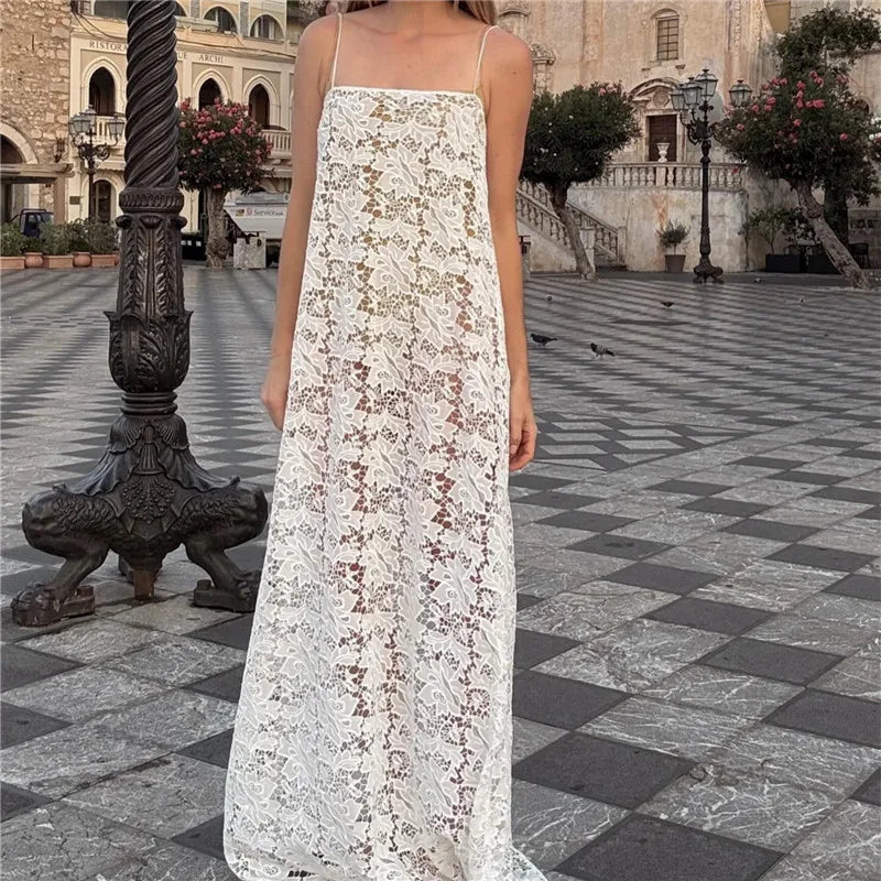Spaghetti Strap Floral Lace Maxi Dress Women Sheer See Through Long Sundress Beach Cover Up Summer Vacation Party