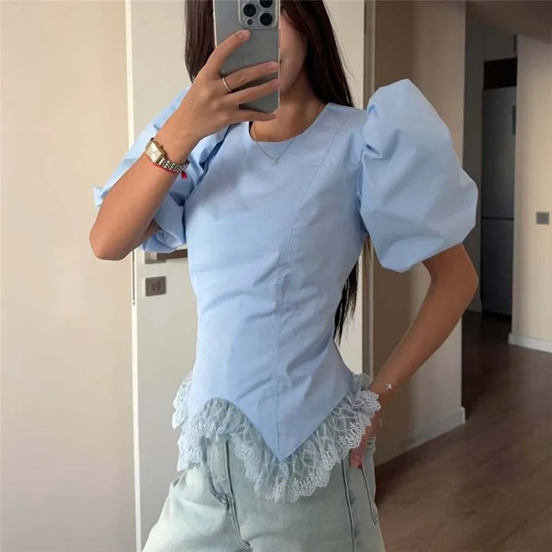 Y2K Cute Puff Bubble Short Sleeve Crop Top Women Back Drawstring Ruched Waist Irregular Lace Trim Hem Slim Fitted Blouse