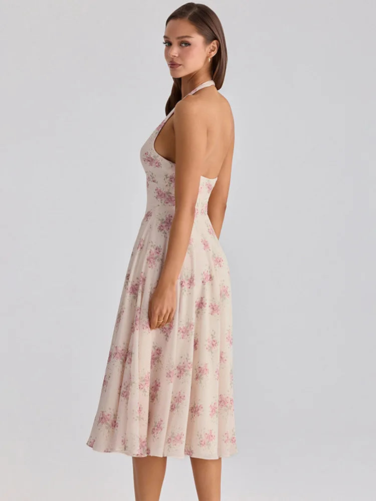 Halter Floral Print Sexy Midi Dress Women Elegant Deep V Neck Off-shoulder Sleeveless Backless Pleated Club Party Dress