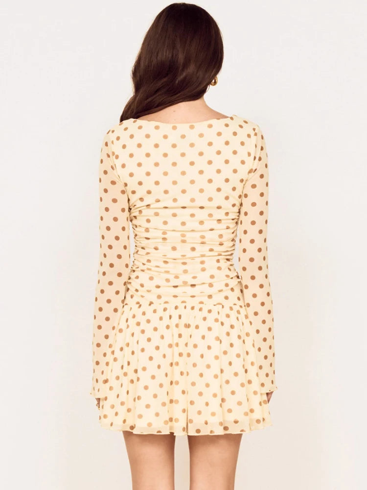 Women Polka Dot Mini Dress Long Flare Sleeve Round Neck Mesh Ruched Waist Pleated A‑Line Short Party Casual Dresses