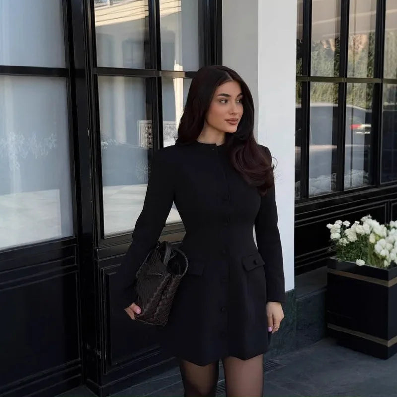 Button Up Long Sleeve Mini Dress Black Elegant Office Ladies Clothes Women's Casual Dresses Spring 2026