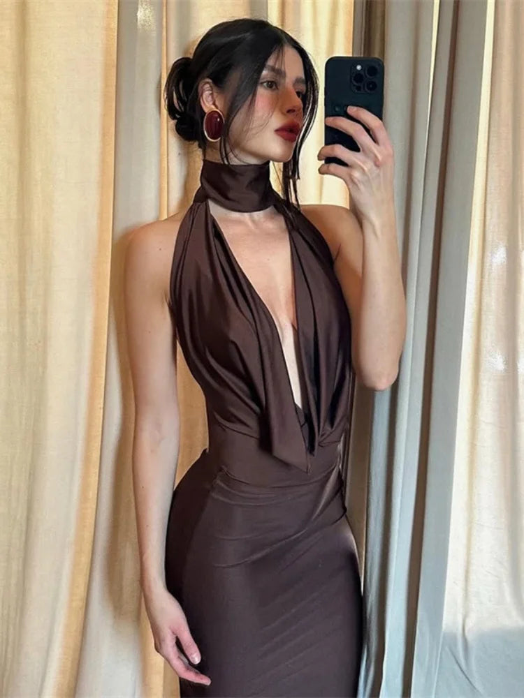 Sexy Deep V Backless Split Maxi Dress Elegant European Style Clothes Women’ Evening Dresses Black