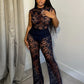Sexy Mesh See Through 2 Piece Set Women Skinny Sleeveless Bodysuits+Flared Pants Midnight Club Party Coquett Outfits