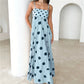 Striped Polka Dot Spaghetti Strap Maxi Dress for Women Square Neck Empire Waist Flowy A Line Dress with Shirred Back