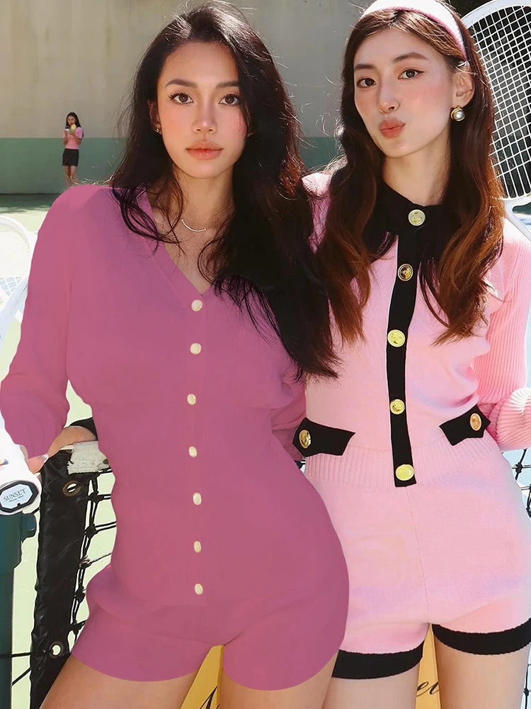 Y2K Sweet Style 2 Piece Set Women Single-Breasted Cardigan Full Sleeve Tops+Skinny Shorts Street Elegant Casual Suit