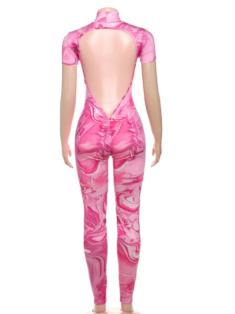 Backless Jumpsuit Women Peach Buttocks Fitness Sporty Shorts Sleeve Summer Street Activity Casual Workout Overalls