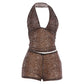 Leopard Print Mesh Sheer 2 Piece Sets Halter Top and Low-rise Shorts Matching Sets Sexy Womens Outfit