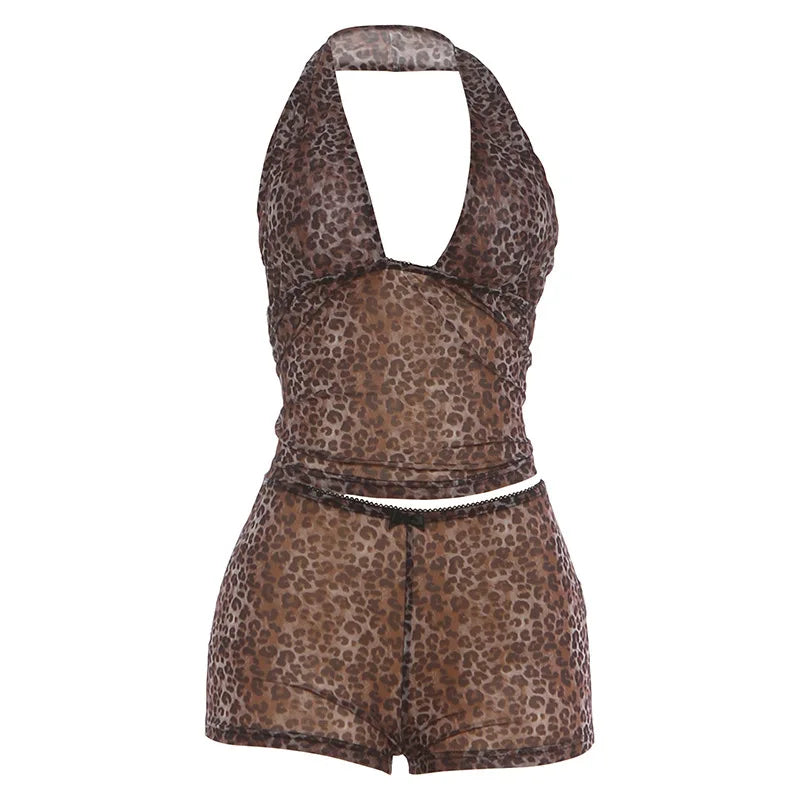 Leopard Print Mesh Sheer 2 Piece Sets Halter Top and Low-rise Shorts Matching Sets Sexy Womens Outfit