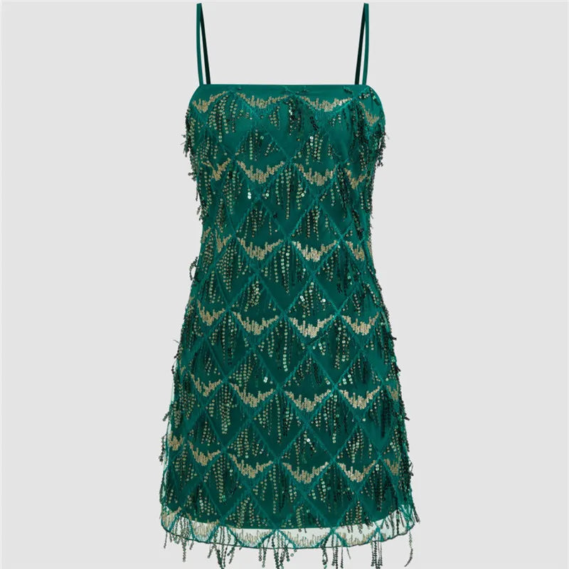 Women Y2K Sparkly Sequin Fringe Mini Dress Spaghetti Strap Bodycon Cocktail Dress for Nightclub Party Music Festival