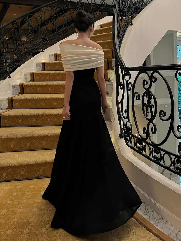 Slanted Collar Dress Women Classic Patchwork Elegant Ruched Skinny Chic Summer Birthday Party Banquet Simple Vestidos