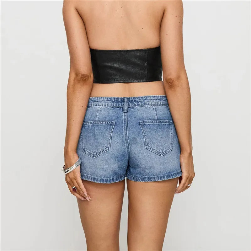 Fashion Women’s Denim Skorts Casual Mid Waist Studded A-line Skirts Summer Jean Shorts with Pockets Y2K Streetwear