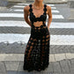 Women Sleeveless Cut Out Dot Mesh Maxi Dress Tassel Hem See Through Bodycon for Party Club Night Out Events