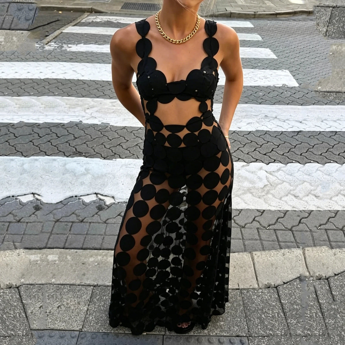 Women Sleeveless Cut Out Dot Mesh Maxi Dress Tassel Hem See Through Bodycon for Party Club Night Out Events