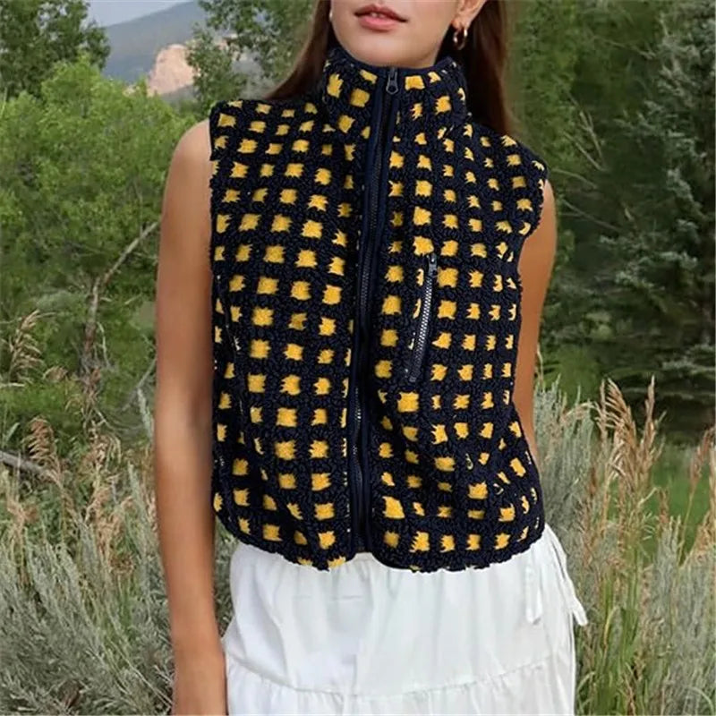 Womens Sherpa Fleece Vest Checkered Sleeveless Zip Up Warm Cardigan Polar Fleece Vest Jacket with Chest Pocket