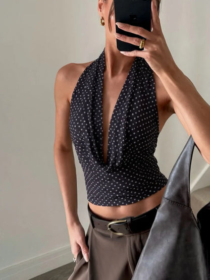 Polka Dot Print Halter Top Y2k 2000s Woman Clothes Sexy V Neck Backless Crop Tops Streetwear