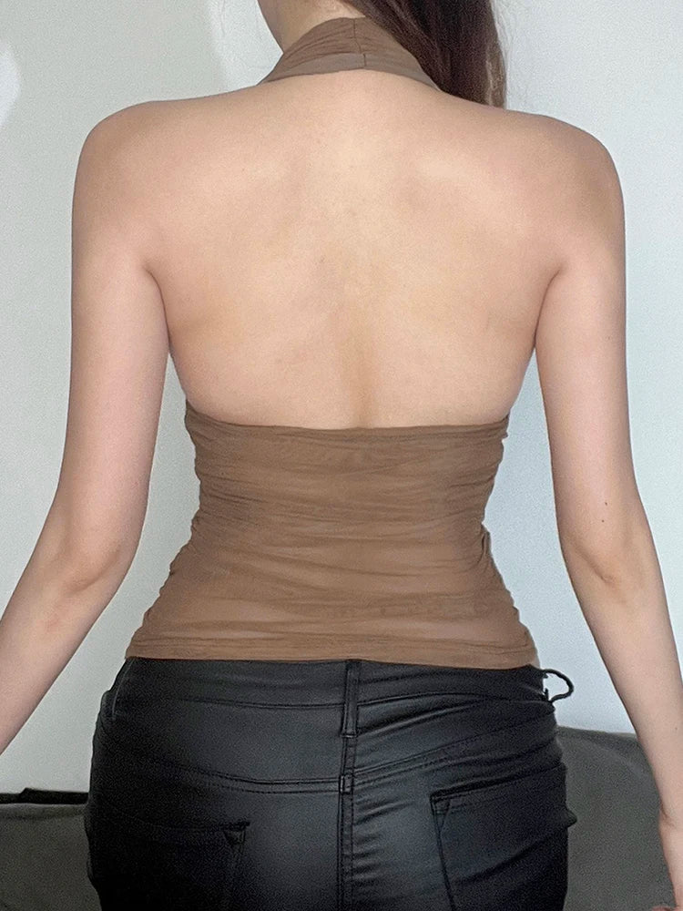 Ruched Tank Tops Women Y2K Halter Backless Patchwork Mesh Single-Breasted Pearl Sexy Midnight Summer Chic Hottie Vest