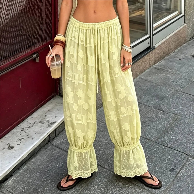 Women Sheer Floral Lace Harem Pants Elastic Drawstring Waist Ruffle Hem Loose Baggy Bloomers Beach Casual Trousers