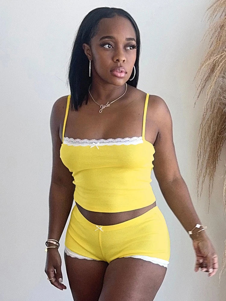 Lace 2 Piece Set Women Sporty Casual Tracksuit Camisole Tops+Shorts Matching Tight Streetwear Skinny Stretch Outfits