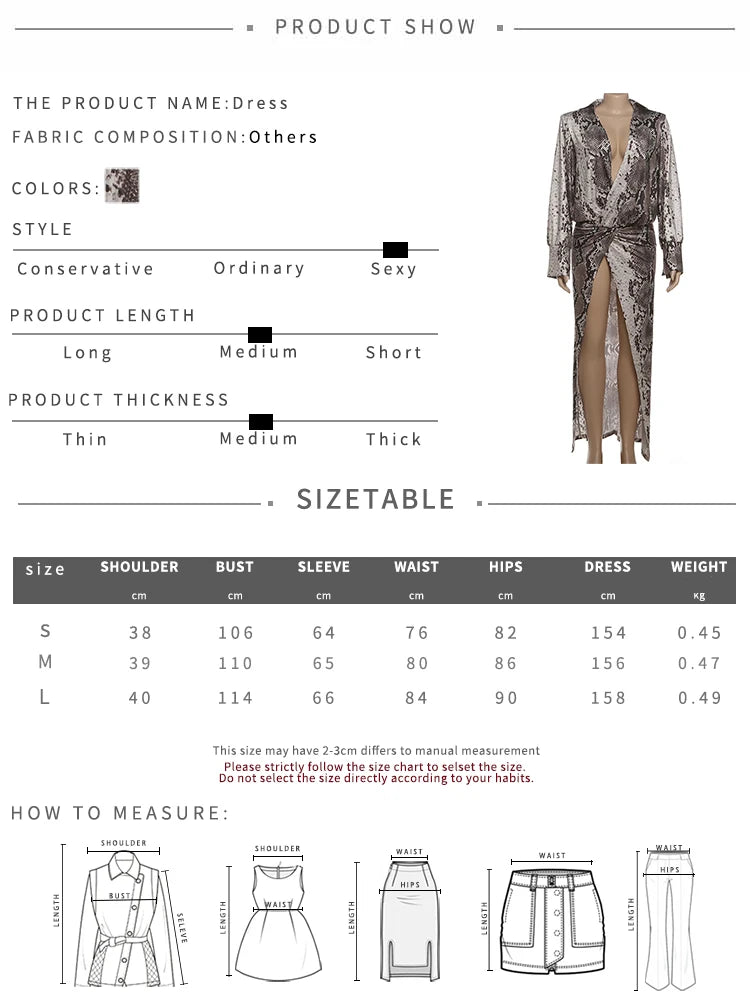 Deep V-Neck Dress Women Hipster Snake Pattern Split Sexy Lapel Elegant Street Midnight Clubwear Stretch Slim Long Bodycon