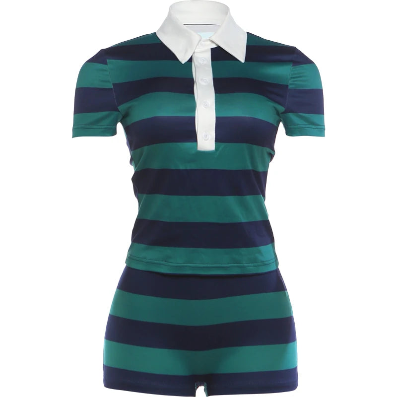 Striped Print 2-Piece Set Women Lapel Single-Breasted Patchwork t-Shirt+Simple Mini Short Sporty Style Streetwear