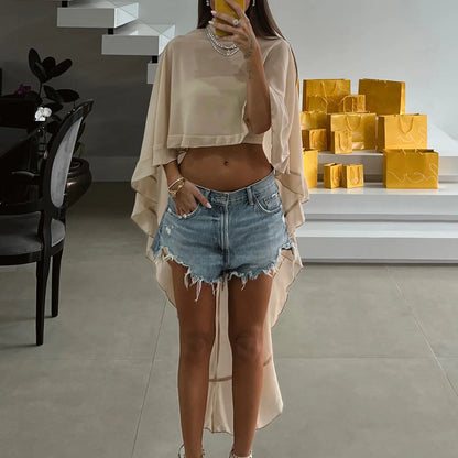 Summer Women Sheer Chiffon Cape Top Mock Neck High Low Asymmetrical Hem See Through Cropped Cover Up Beachwear