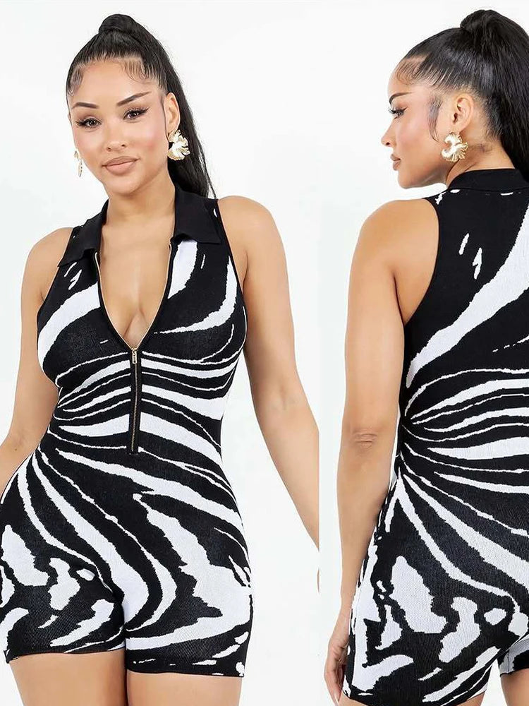 Contrast Patchwork Playsuits Women Polo-Neck Zip Sleevelesss Skinny Peach Hip Hottie Street Fashion Wild Style Romper