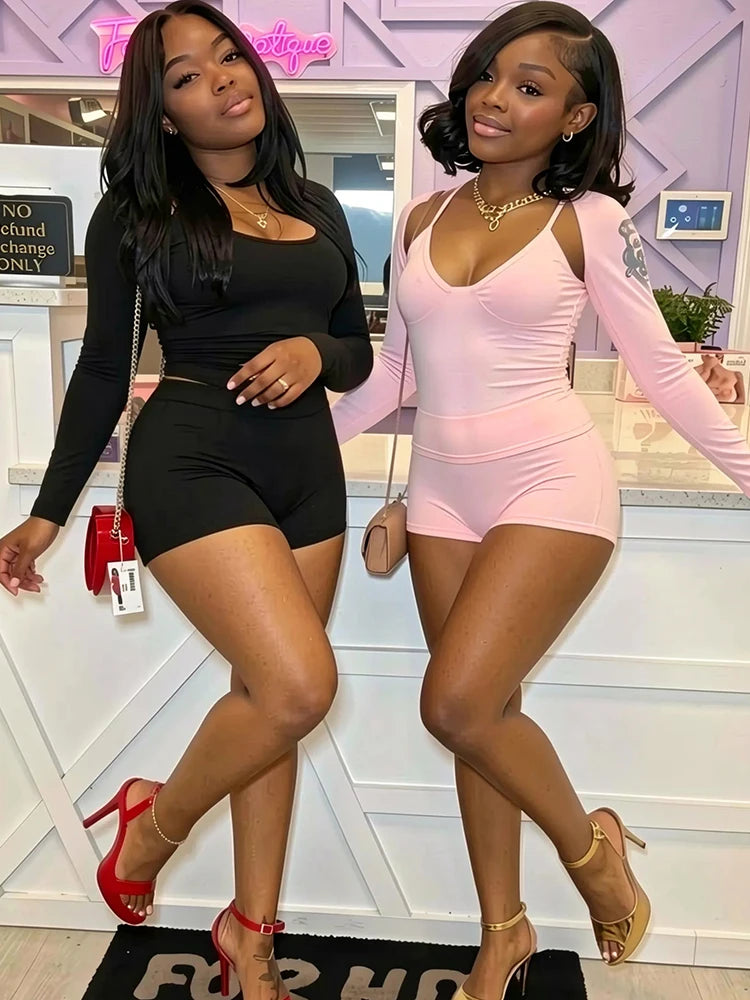 Trend 3 Piece Set Women Fashion Low-Neck Backless Camisole+Bike Shorts+Full Sleeve Jacket Simple Street Sport Suits