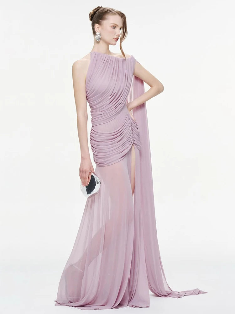 See Through Hem Maxi Dress Women Inclined Shoulder Folds Long Tassel Sleeveless Elegant Vacation Party Chic Vestidos