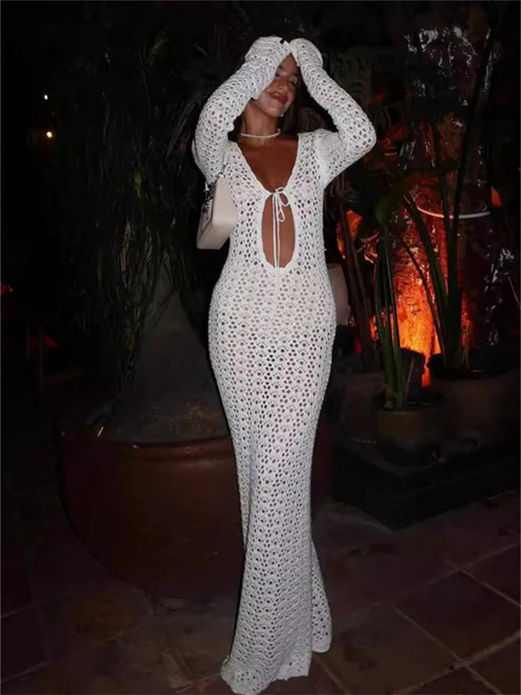 Sexy Thin Dress Women Hollow Lace-Up See Through Full Sleeve V-Neck Solid Trend Vacation Beach Party Long Bodycon