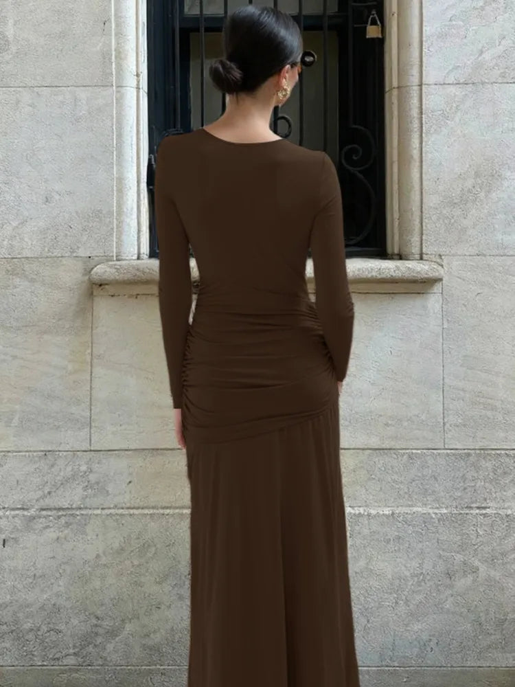 Long Sleeve Ruched Sexy Maxi Dress Women Autumn Winter Fashion O Neck High Waist Bodycon Club Party Long Dress Elegant