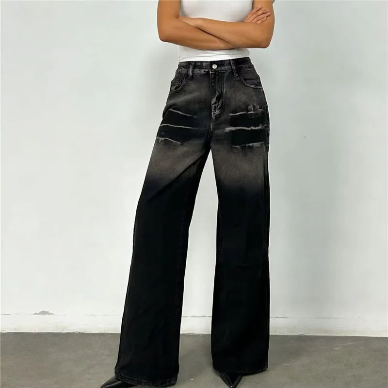 Women Water Washed Denim Pants Low Rise Retro Gradient Loose Straight Leg Jeans with Pockets Vintage Streetwear