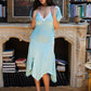 Women Lace V Neck Flutter Sleeve Midi Dress Ruched Waist Irregular Split Hem Bodycon Dress Beach Wedding Guest Dress