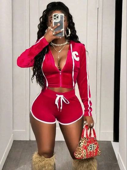 Sporty 2 Piece Set Women Tracksuit Zip Embroidery Letter Hooded Jacket+Shorts Casual Street Matching Basis Velvet Outfits