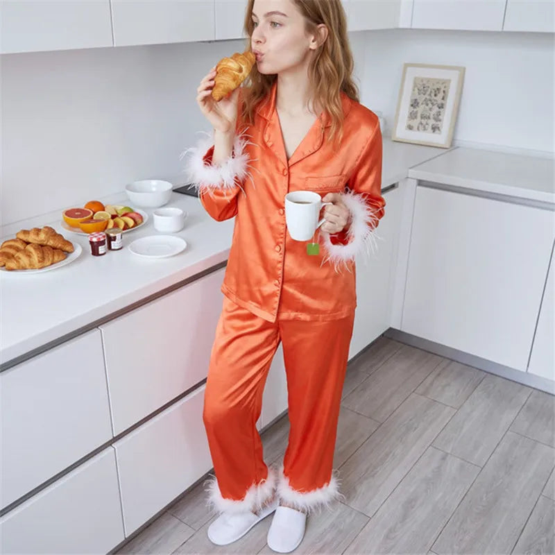 Women Satin Feather Trim Pajama Set Lapel Button Front Long Sleeve Shirt + Long Pants Christmas Loungewear Sleepwear Set