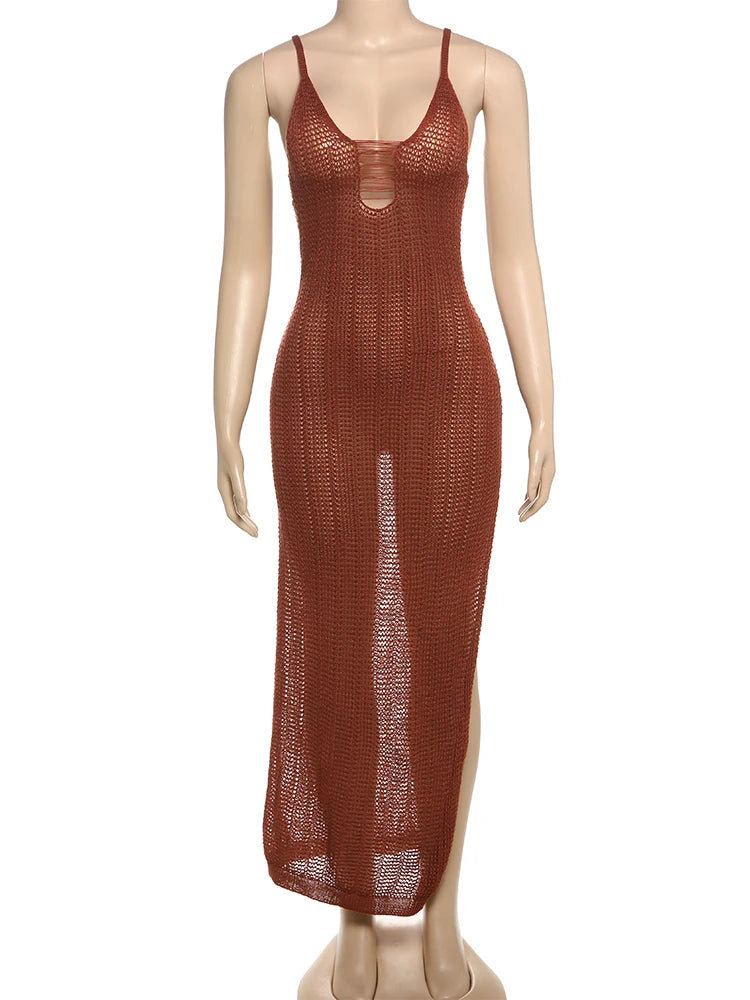 Crochet Hollow Sexy Dress Women Low-Neck Backless Sleeveless See Through High Splits Vacation Fashion Long Bodycon
