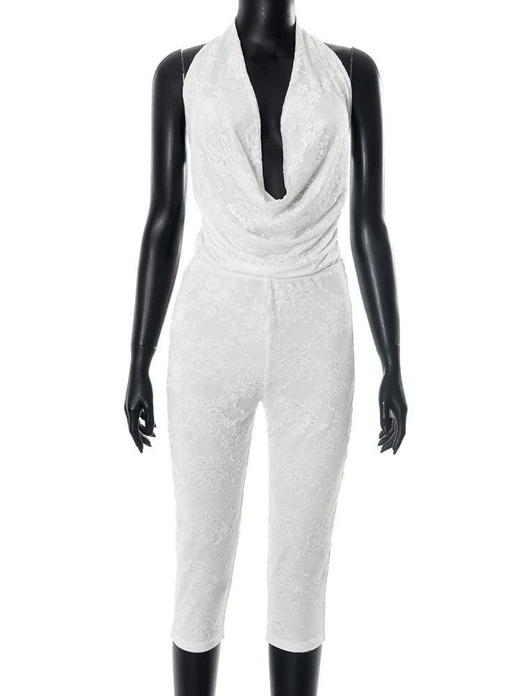 Swing Collar Jacquard Playsuit Women Lace-Up Backless Halter Skinny Sexy Midnight Summer Trend Classic Simple Romper