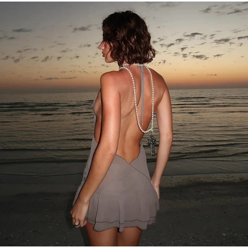 Summer Women Halter Sequin Ruffled Mini Dress Women V-neck Sleeveless Lace Up Backless Pleated Sexy Beach Dresses