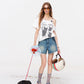Cat Print Asymmetric T-Shirt, Letter Graphic Layered Tee, Short Sleeve Casual Top for Women