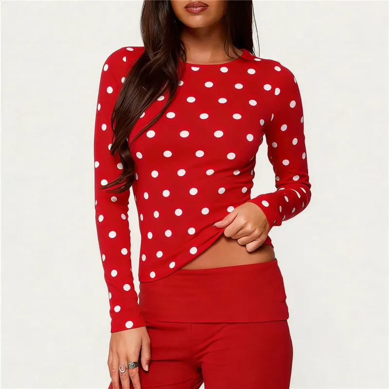 Y2K Coquette Polka Dot Long Sleeve Crew Neck Slim Fitted T-Shirt Crop Top Women Casual Bodycon Spring Fall Streetwear