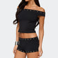 Women Summer Y2K 2 Piece Outfits Stylish Studded Sleeveless Off Shoulder Tops and Elastic Waist Shorts Chic Streetwear