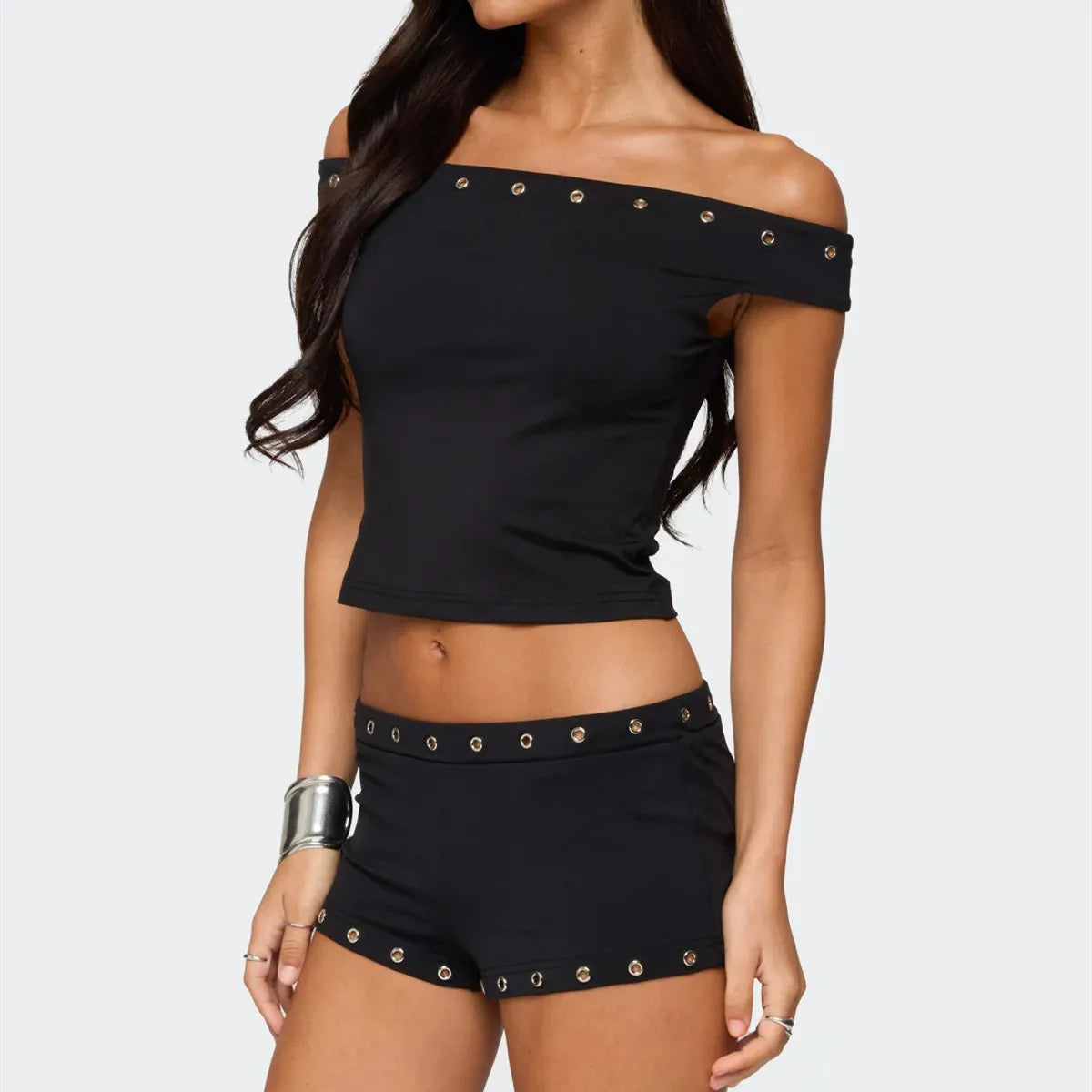 Women Summer Y2K 2 Piece Outfits Stylish Studded Sleeveless Off Shoulder Tops and Elastic Waist Shorts Chic Streetwear