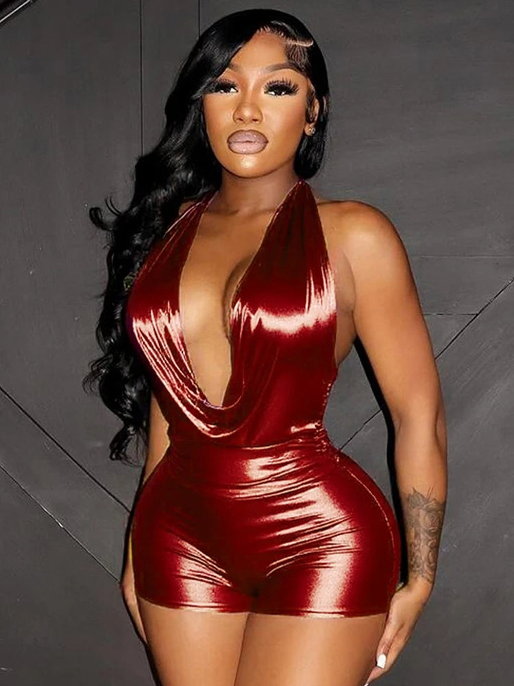 Silky Halter Romper Women Sexy Summer Swing Collar Backless Sleeveless Midnight Coquette Clubwear Workout Playsuit