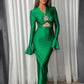 Elegant Hollow Out Sexy Maxi Dress For Women Spring New V Neck Long Flare Sleeve Bodycon Club Party Evening Dress
