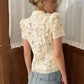 Women Y2K Vintage Lace Shirt Mandarin Collar Frog Button Puff Sleeve Floral Embroidery Cropped Blouse Elegant Casual Top