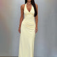 Women Halter V‑Neck Sexy Maxi Dress Lace Spliced Twisted Front Ruched Long Dress Elegant Evening Party Prom Dresses