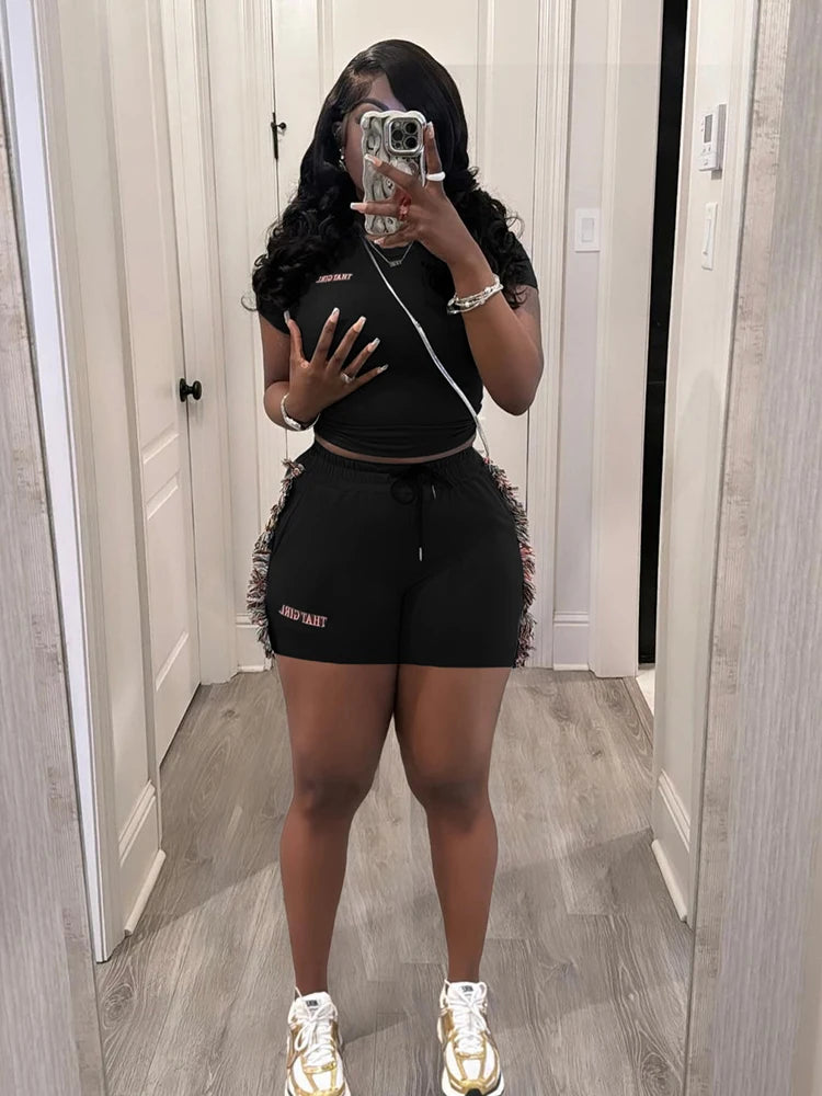 Letter Embroidery Women Casual 2 Piece Set Tracksuit Shorts Sleeve Crop Tops+Side Tassel Shorts Sporty Matching Suits