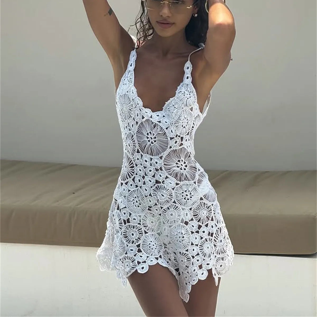 Sexy Women Crochet Swimsuit Coverups Slim U Neck Hollow Out Sleeveless Irregular Hem Mini Summer Beach Dress