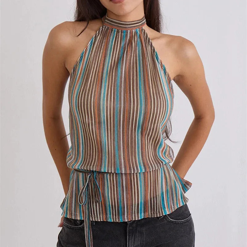 Y2K Summer Backless Halter Neck Crop Tops Sleeveless Tie Up Open Back Shirts Vest Women's Chiffon Pleated Tank Top